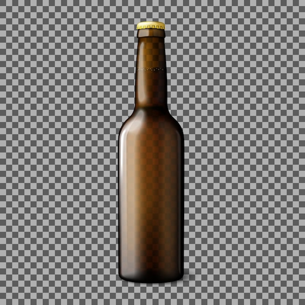 Blank transparent brown realistic beer bottle isolated on plaid background with reflection. vector illustration