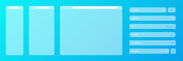 Finestra trasparente vuota del browser internet con vari modelli di barra di ricerca motore del sito web con