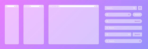 Вектор Пустое прозрачное окно интернет-браузера с различными шаблонами панели поиска веб-сайта с