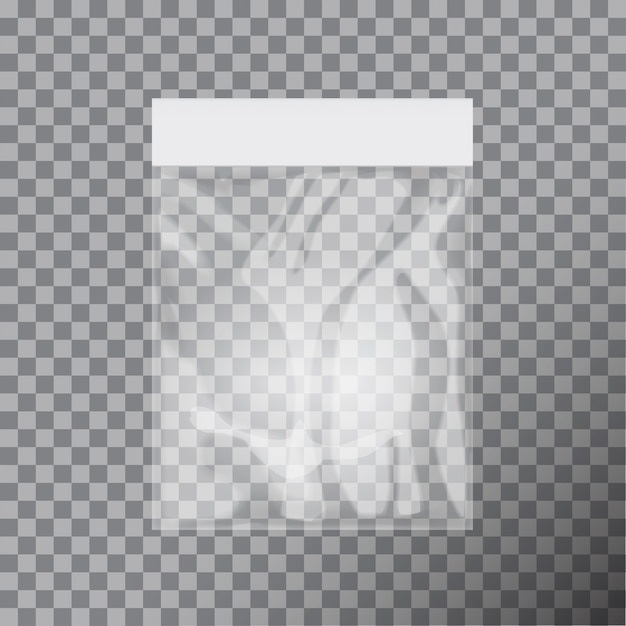 Vector blank transparent plastic bag template. white packaging with hang slot.   illustration