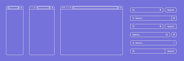 Finestra di pagina internet del browser web vuota con barra degli strumenti e campo della barra di ricerca sito web moderno in stile piatto line art mockup del browser per computer, tablet e smartphone illustrazione vettoriale