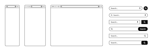 Blank webbrowser internetpagina venster met werkbalk en zoekbalk veld Moderne website in platte stijl lijn kunst Browser mockup voor computer tablet en smartphone Vector illustratie