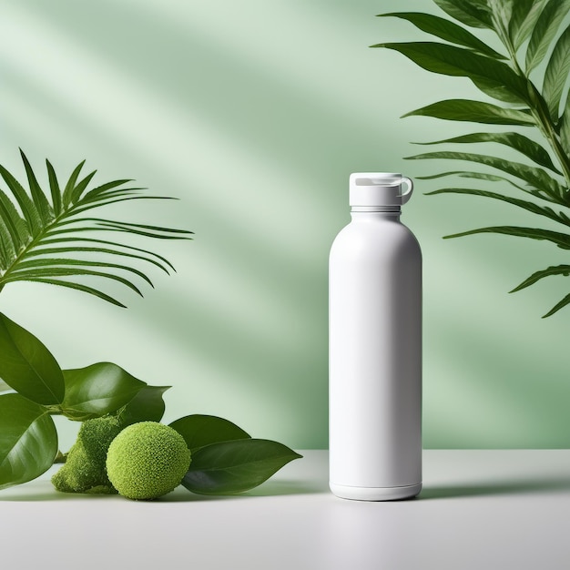 Вектор Пустая белая бутылка и стакан свежего зеленого пальмового масла с белой пустой этикеткой на светлом фоне