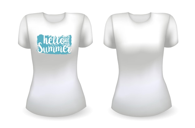 blank white female t shirt realistic template and white t shirt with label hello summer badge vector