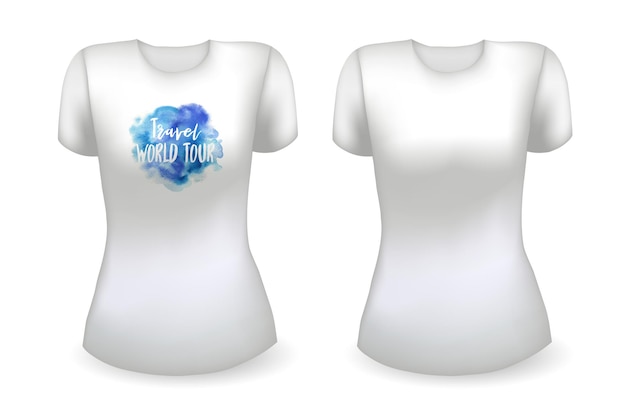 Vector blank white female t shirt realistic template and white t shirt with label travel world tour badge v...