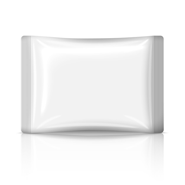 Vector blank white flat plastic sachet isolated on white background with reflection. with place for your design and branding.