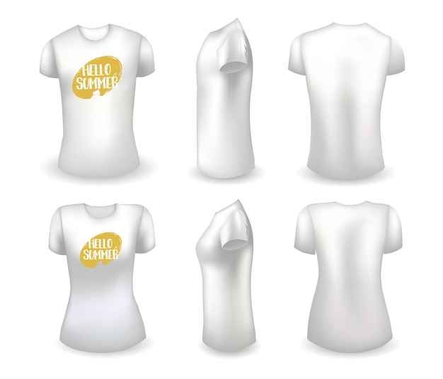 Blank white male and female t shirt realistic template and white t shirt with label hello summer bad...