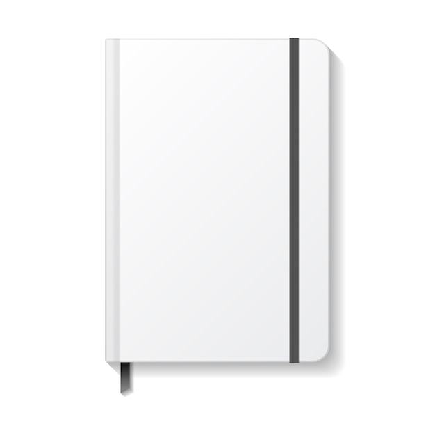 Vector blank white notebook with black elastic and ribbon bookmark mockup template.