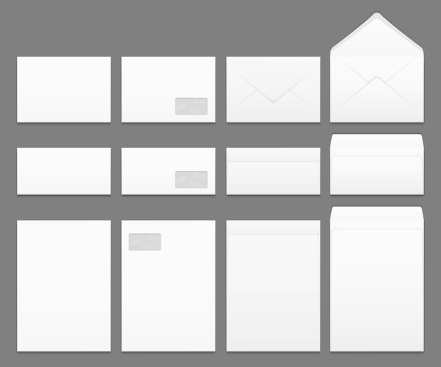 空白の白い紙の封筒ベクトルテンプレートセット