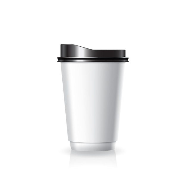 ベクトル 白い紙製のプラスチック製のコーヒーカップで黒い蓋が付いており中型のモックアップテンプレートです