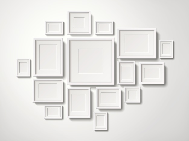 Blank white picture frames collection hanging on the wall, 3d illustration realistic style