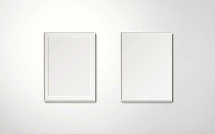Vector blank white picture frames collection in an orderly way hanging on the wall, 3d illustration realistic style