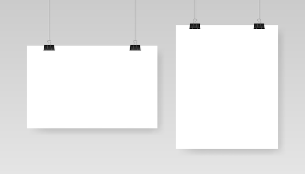 Blank white poster template. Affiche, paper sheet hanging on a clip.