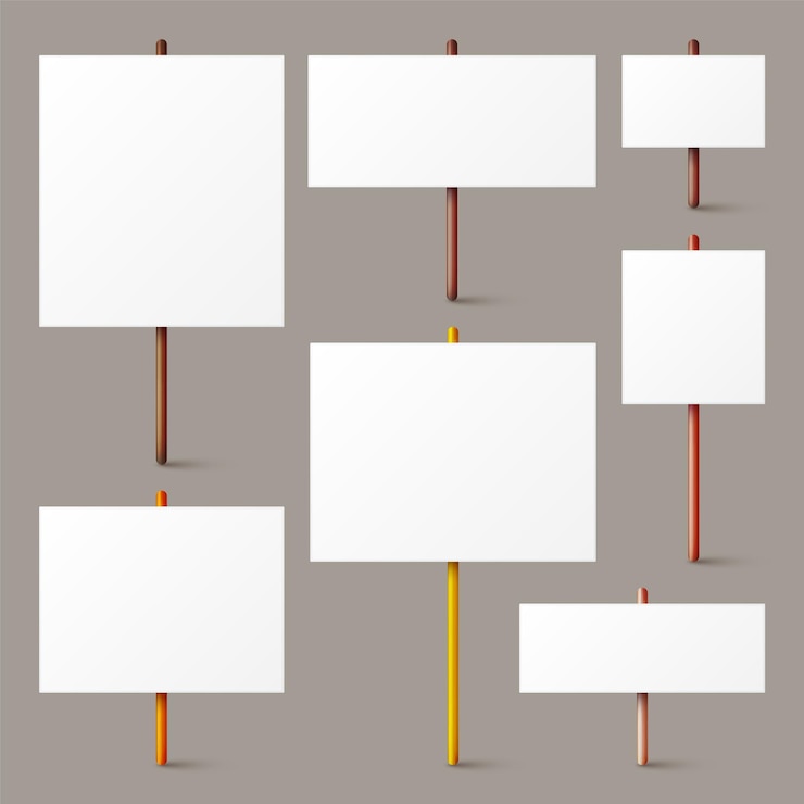Vector blank white protest sign with wooden holder various realistic vector demonstration banners strike