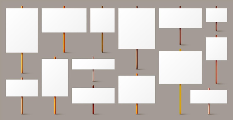 Vector blank white protest sign with wooden holder various realistic vector demonstration banners strike