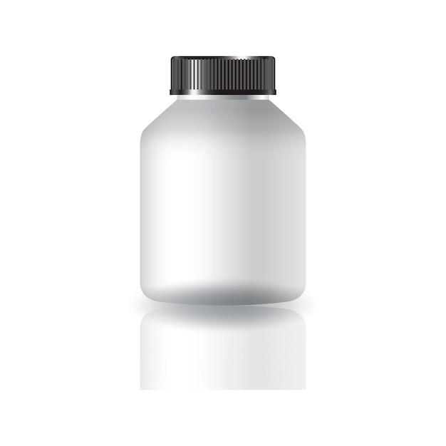 Vector blank white round supplements medicine bottle with black grooved lid for beauty or healthy product