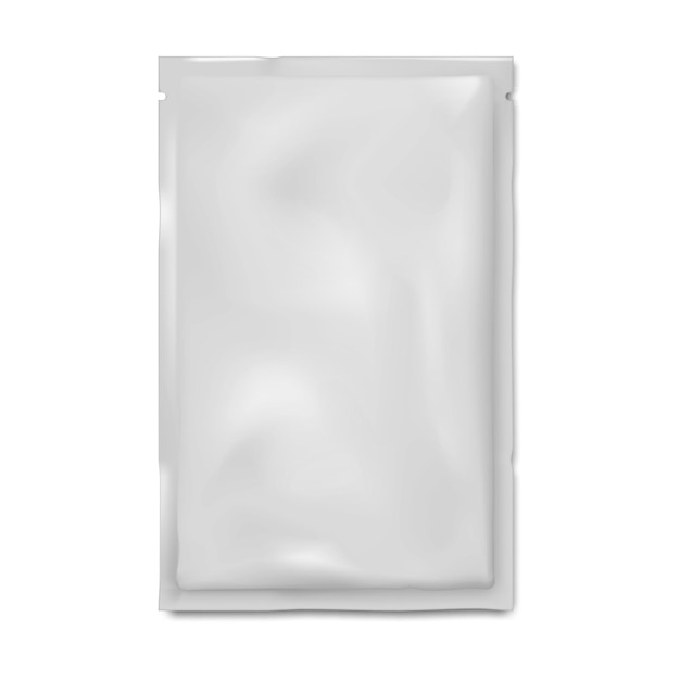 空白の白いサシェ パケット ティア ノッチ ベクトル モックアップ デザインの平らなビニール袋のモックアップ