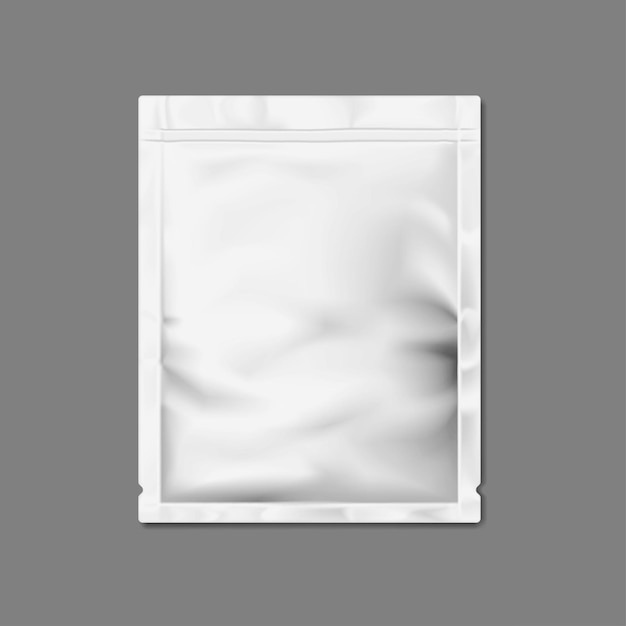 Vector blank white sachet packet with tear notches vector mockup individual plastic wrapping bag mockup