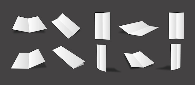 Vettore collezione di prototipi di brochure bifold sottili bianchi vuoti con diverse viste e angolazioni