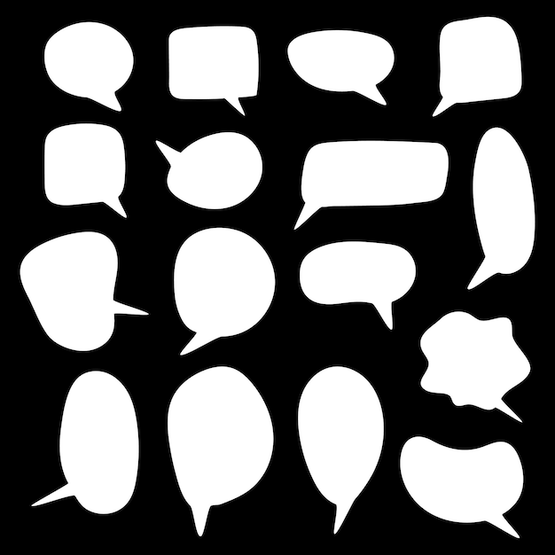 Blank white speech bubbles set with different hand drawn shape isolated on black background