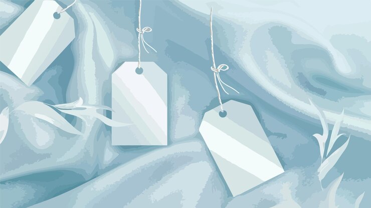 Vector blank white tags on light blue fabric with space for text