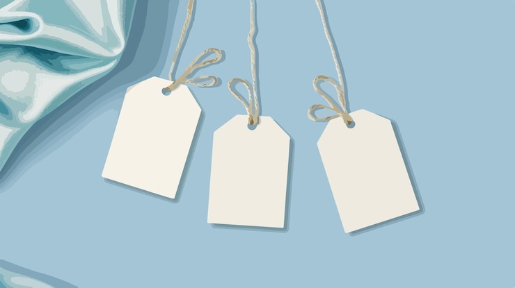 Vector blank white tags on light blue fabric with space for text