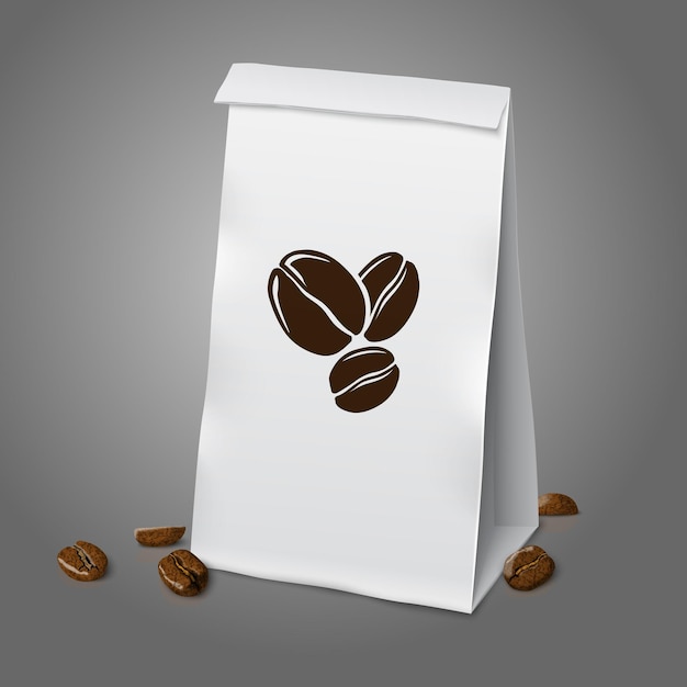 Blank white vector realistic paper packaging coffee bag with coffee sign and coffee beans, with place for your design and branding. Isolated on grey background.