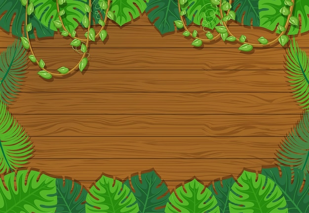 Blank wooden board background with leaves elements