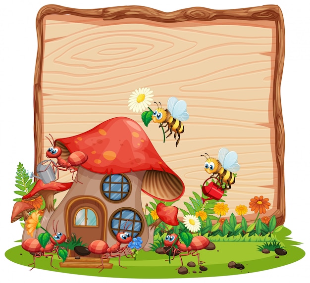 Blank wooden board in nature with animal garden isolated