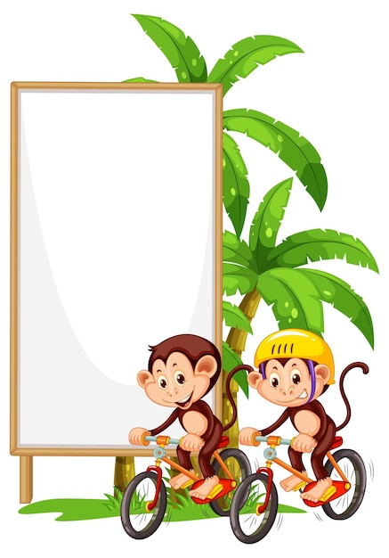 猿のカトゥーンと空白の木製看板