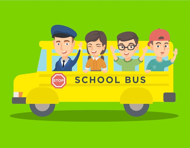 Blanke leerlingen rijden op een gele schoolbus.