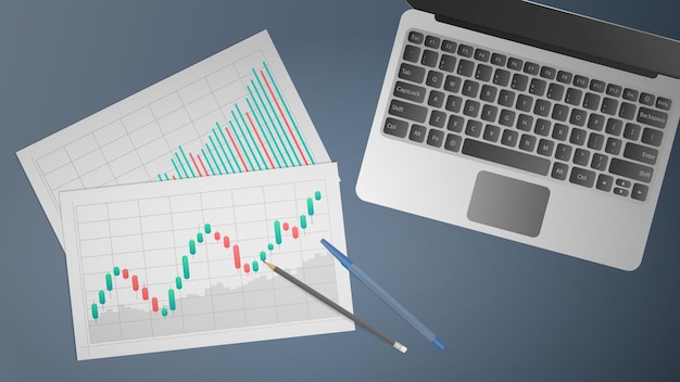 Vuoti con grafici aziendali, grafico a linee di tendenza rialzista, istogramma e numeri azionari del mercato rialzista. il concetto di trading sullo scambio finanziario. vettore.