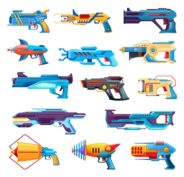 Вектор Детские игрушечные пистолеты blaster, мультяшные пистолеты или лучевые ружья