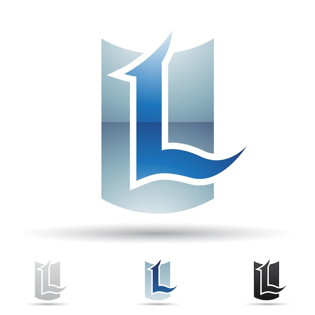 Blauw abstract glanzend logo icoon van een gebogen stekelige letter L met een schildvorm