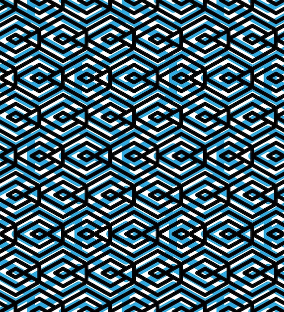 Blauw abstract naadloos patroon met verweven lijnen. Vector ornament behang. Eindeloze decoratieve achtergrond, visueel effect geometrische maaswerk met ruiten.