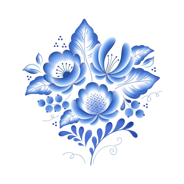 Vector blauw bloemen russisch porselein mooi volksornament. illustratie. decoratieve compositie.