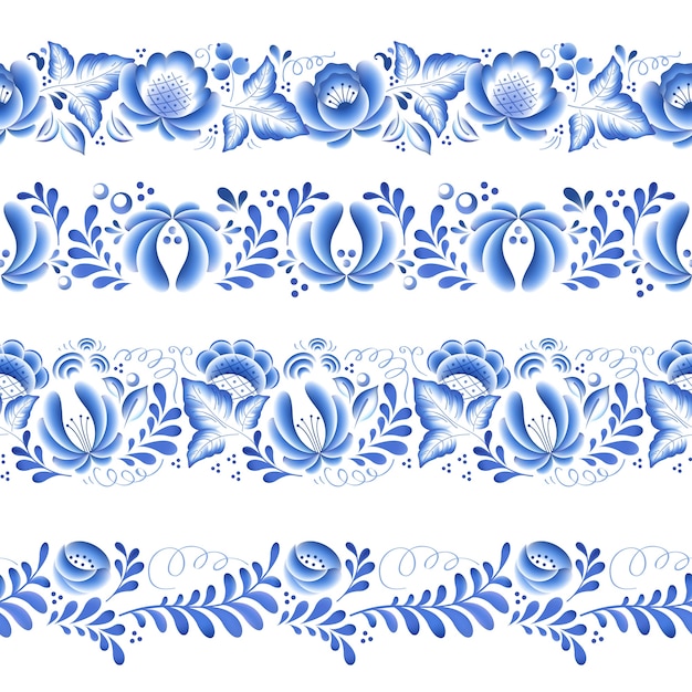 Vector blauw bloemen russisch porselein mooi volksornament. illustratie. naadloze horizontale randen.