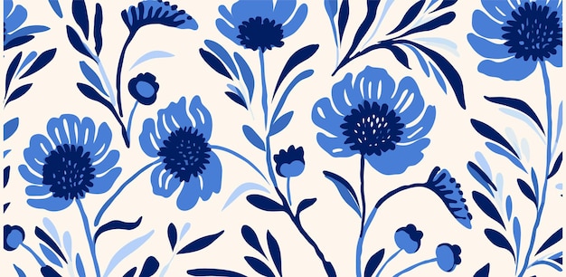 Blauw bloemenpatroon op crème achtergrond in de stijl van Henri Matisse Stencils Tropische symboliek