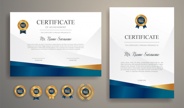 Blauw en goud certificaat met badge en rand sjabloon