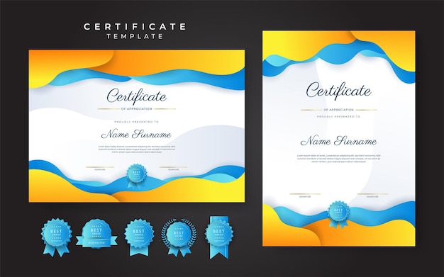 Blauw en oranje geel certificaat van prestatie grenssjabloon met luxe badge en modern lijnpatroon Voor zakelijke en onderwijsbehoeften