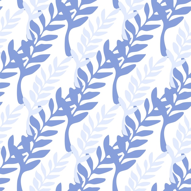 Blauw en paars takken naadloos patroon. Blad tak achtergrond. Vectorillustratie op witte achtergrond voor textiel of boekomslagen, wallpapers, design, grafische kunst, inwikkeling