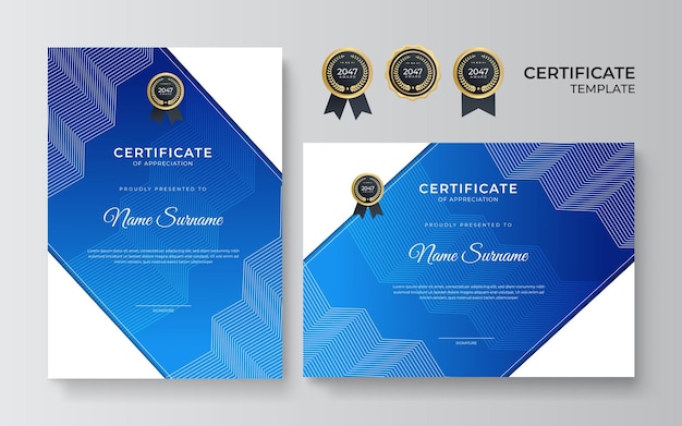 Blauw en wit goud certificaat van prestatie grens sjabloon met luxe badge en modern lijnpatroon. Voor prijs-, zakelijke en onderwijsbehoeften