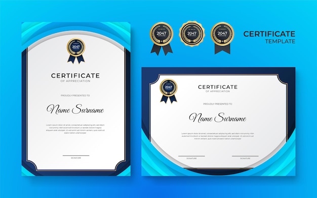 Blauw en wit goud certificaat van prestatie grens sjabloon met luxe badge en modern lijnpatroon. voor prijs-, zakelijke, ontwerp-, waarderings-, bedrijfs- en onderwijsbehoeften