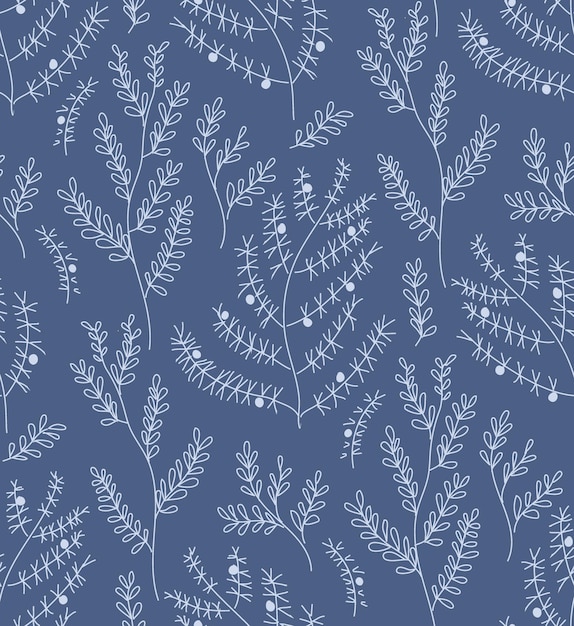 Blauw en wit naadloos kruidenpatroon van geïsoleerde plantensilhouetten Cyanotypestyle botanisch