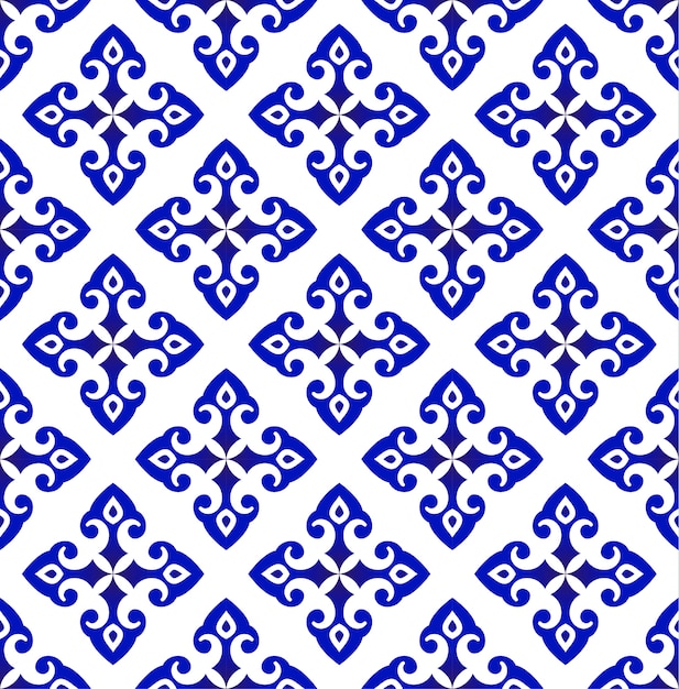 blauw en wit patroon Islamitische en damast stijl, porseleinen achtergrond, keramische naadloze de