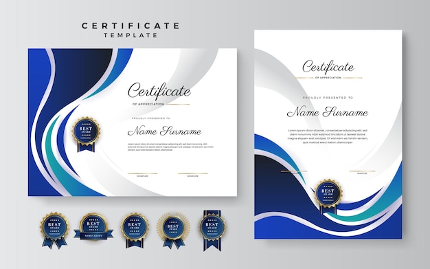 Blauw en zwart certificaat van prestatiegrenssjabloon met luxe badge en modern lijnpatroon Voor zakelijke en onderwijsbehoeften