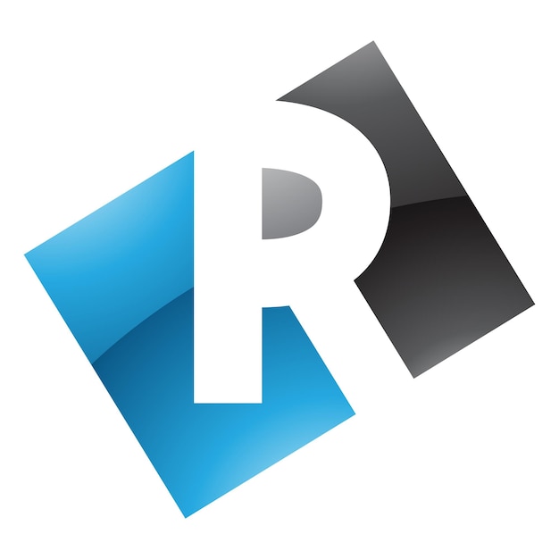 Vector blauw en zwart glanzend rechthoekig letter r-pictogram op een witte achtergrond