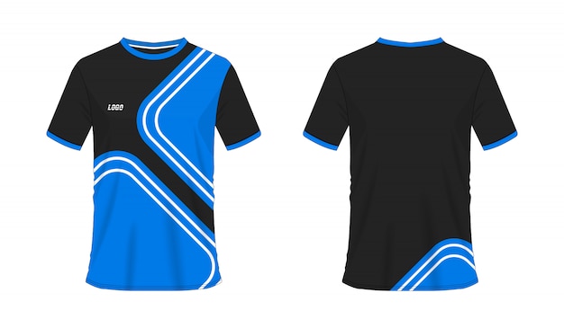 Blauw en zwart voetbal- of voetbalsjabloon van de T-shirt voor teamclub op wit