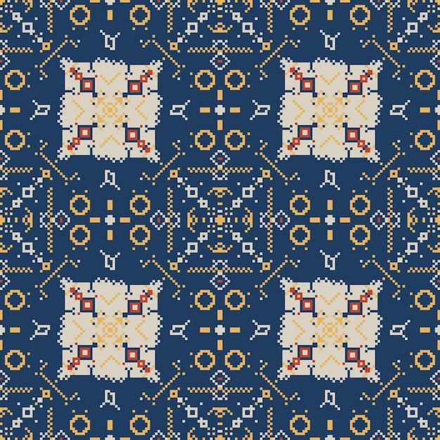 Blauw etnisch patroon met pixel en geometrisch naadloos vierkant voor stoffenpatroon