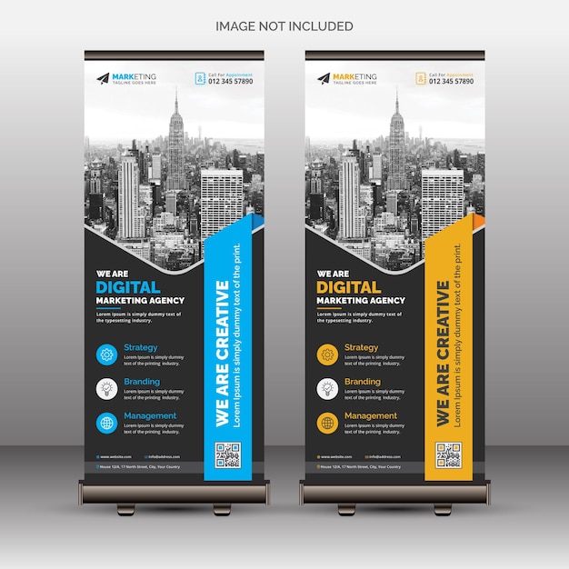 Blauw geel Corporate Business Roll Up Banner Standee X Banner sjabloonontwerp met zwarte achtergrond